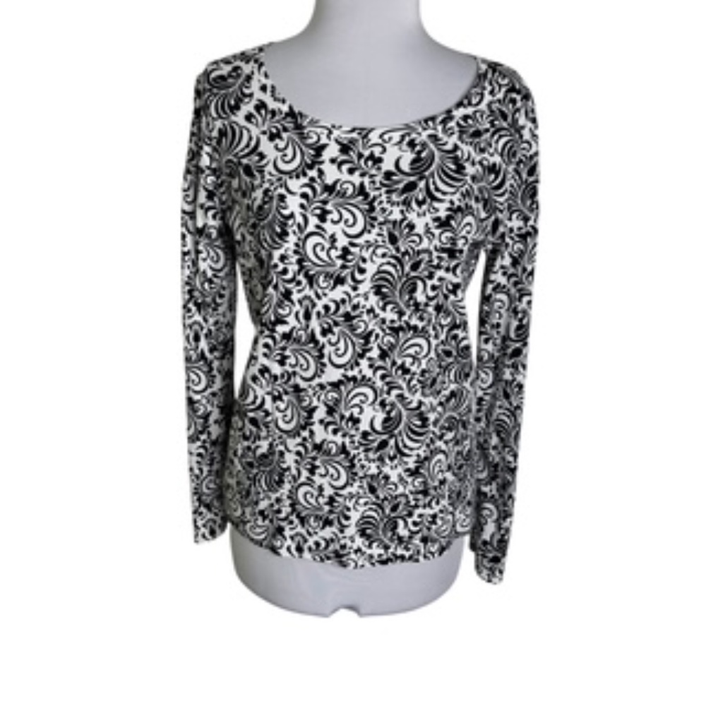 White Stag Long Sleeve Scoop Neck Feathered Floral Design Top Size L (12-14)
